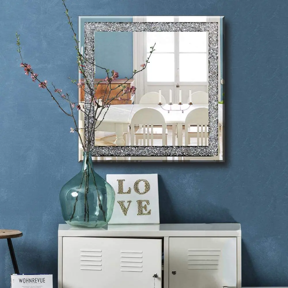 Crystal Crush Diamond Square Silver Mirror for Wall Decoration