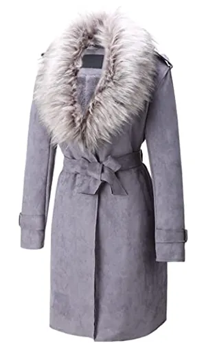 Women's Faux Suede Leather Long Jacket, Fall and Winter Fashion Trench Coat Cardigan with Detachable Fur Collar