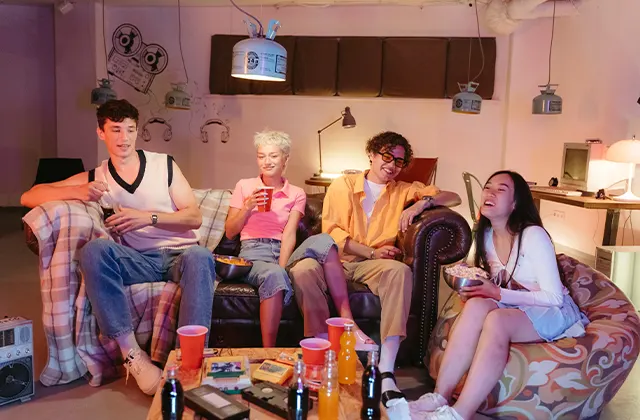 Four friends enjoying a cozy living room gathering, surrounded by Valentine-themed decorations and delicious treats.