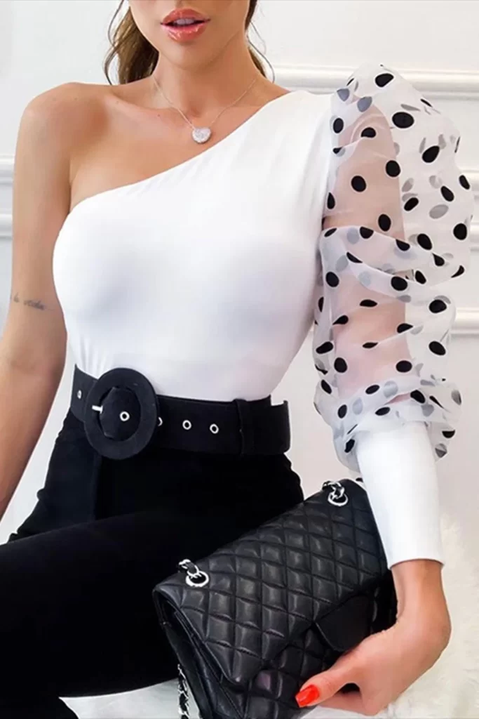 White Sexy Fashion Stitching Oblique Collar Top