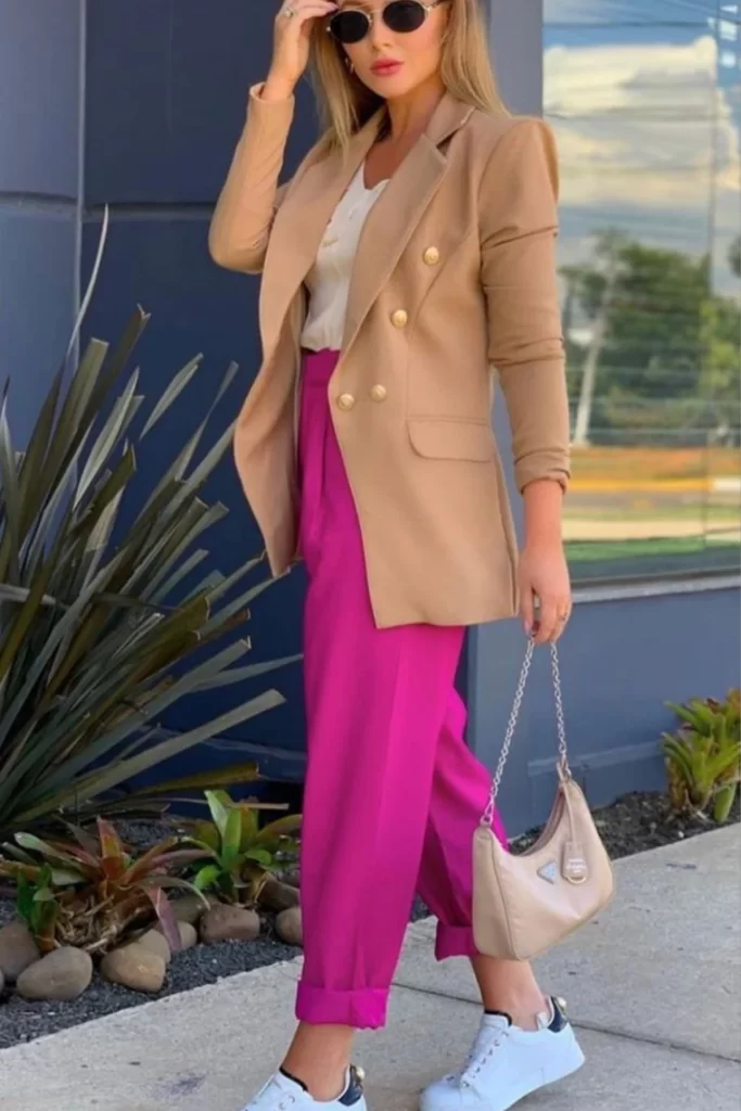 Beige Blazer And White Top With Fuchsia pent