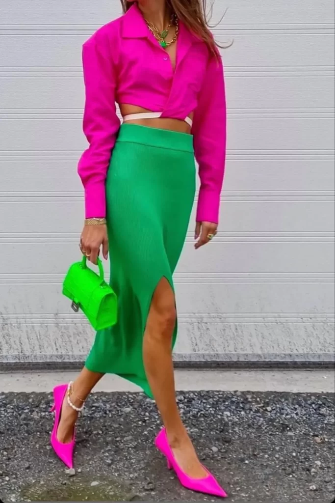 Fuchsia Blouse With Green Skirt