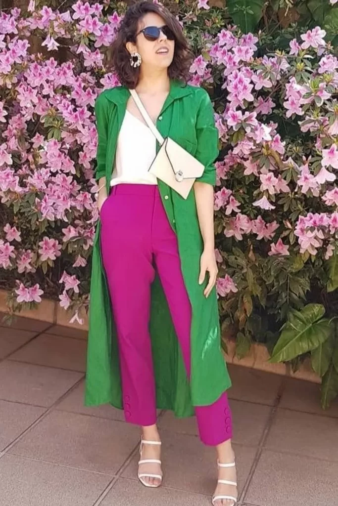 Green Cardigan With Fuchsia Pent