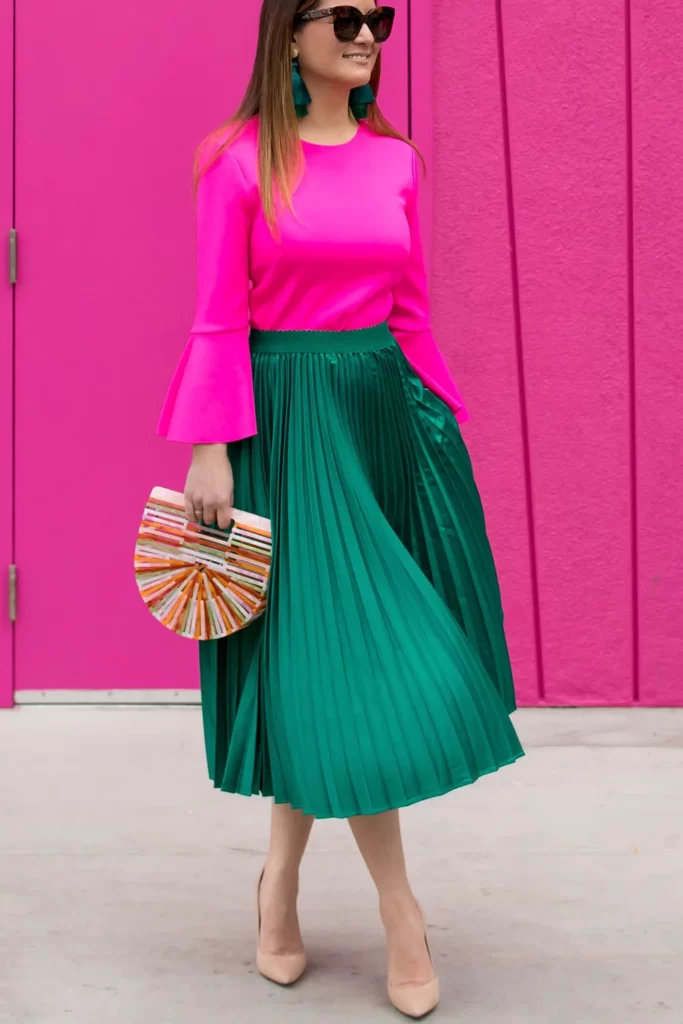 Hot Pink Top With Dark Green Skirt