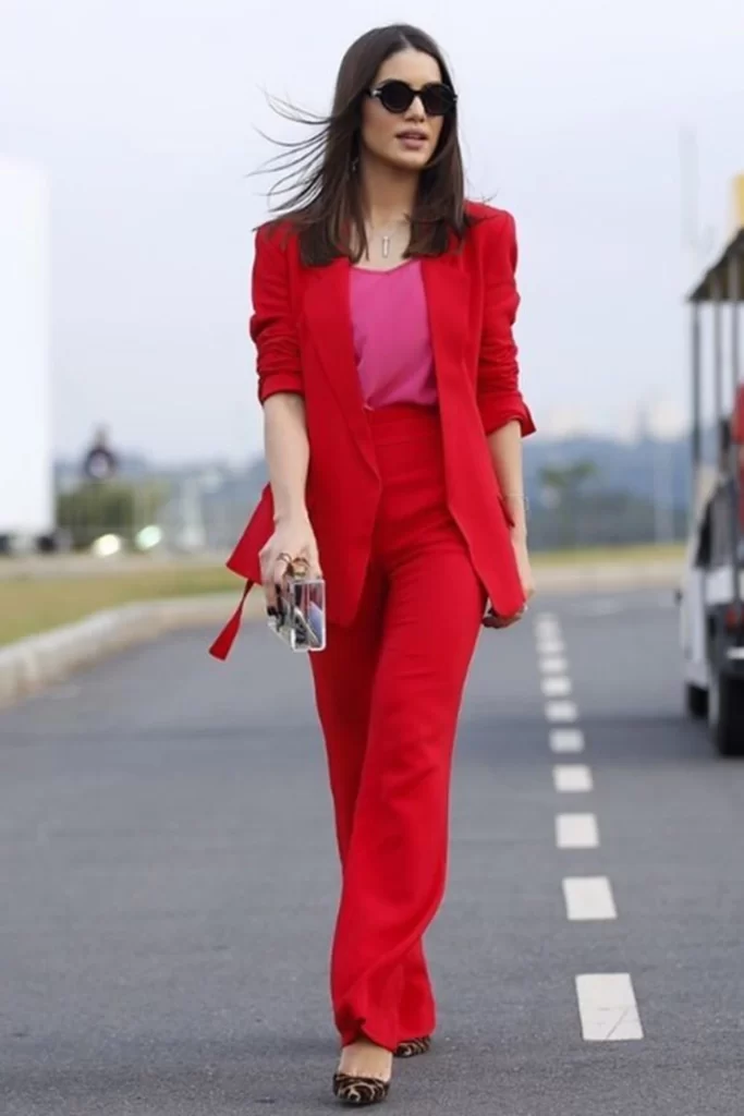 Red Blazer And Pent With Fuchsia Top