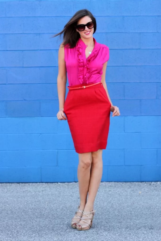 Red Pencil Skirt With Fuchsia Top