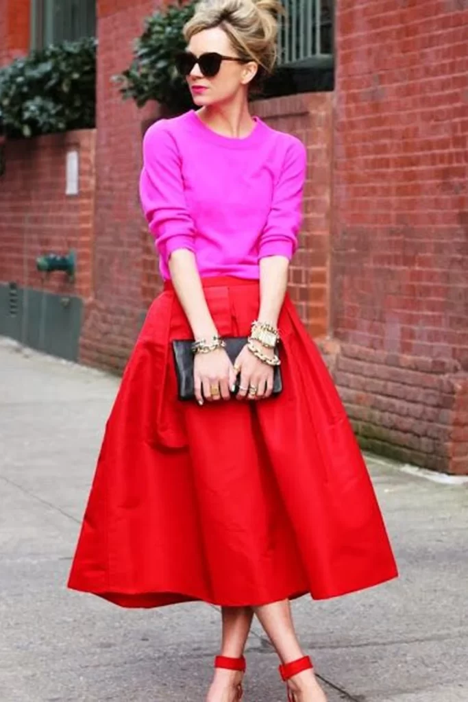 Red Skirt With Hot Pink T-Shirt