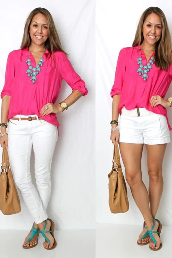 White Pent or Shorts With Fuchsia Top
