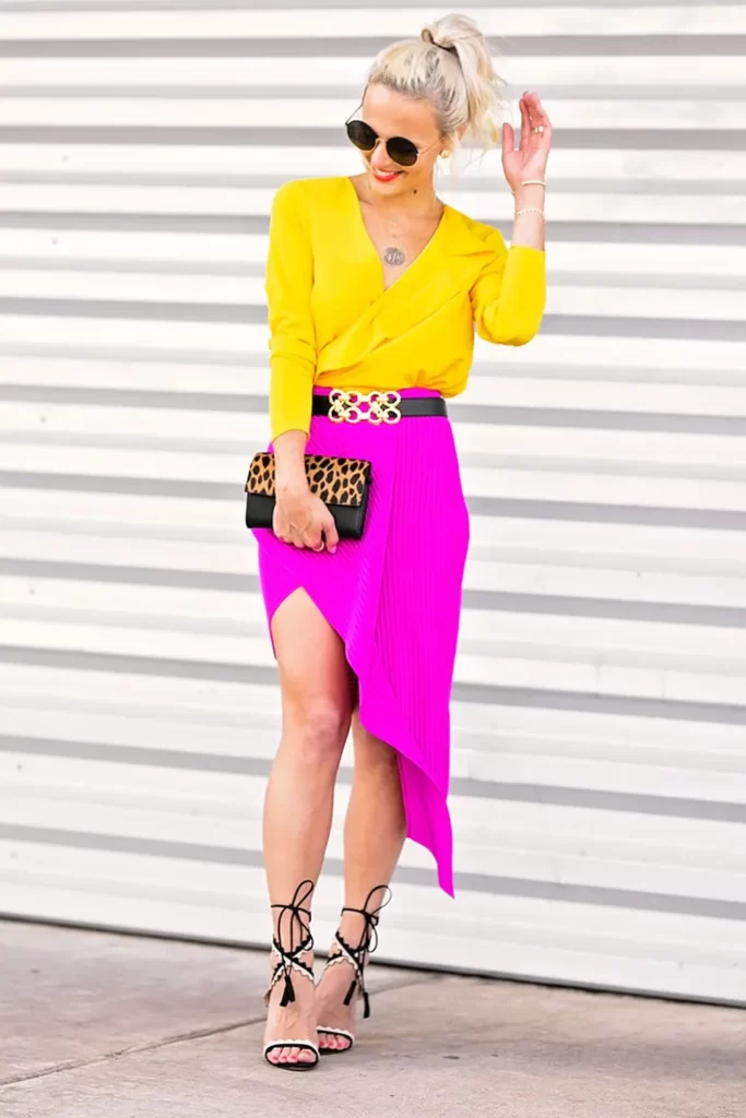 Yellow top with fuchsia pencil skirt