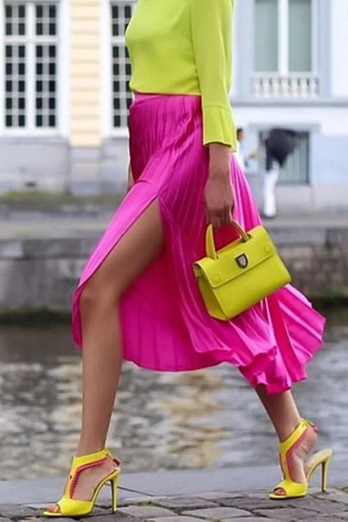 fuchsia skirt with yellow top