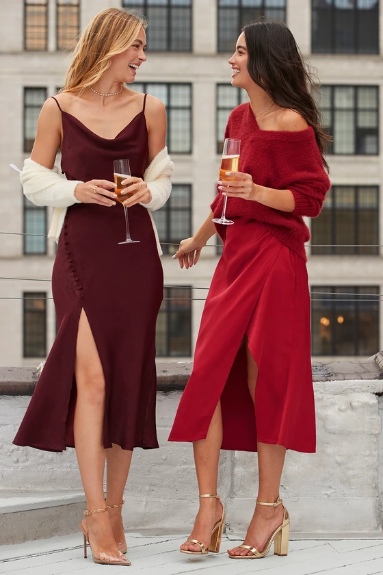 Burgundy Satin Side Button Slip Dress