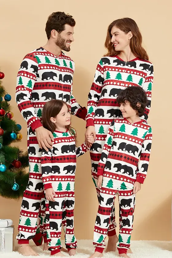 Front Zipper Xmas Tree Bear Pattern Flapjack Jumpsuit Sleepwear for Couples