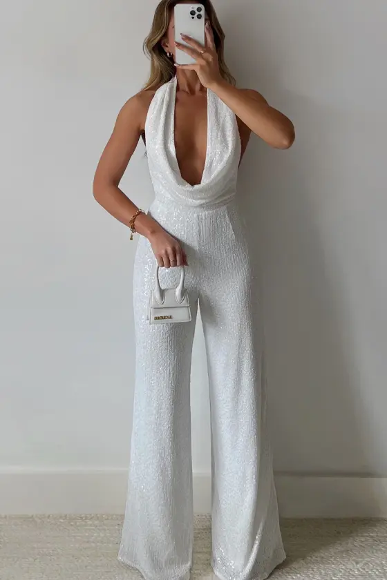 COWL NECK SEQUIN JUMPSUIT IN WHITE