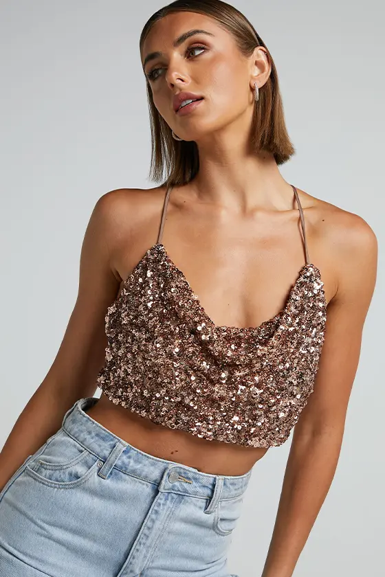 SEQUIN COWL CROPPED CAMI IN ROSE GOLD