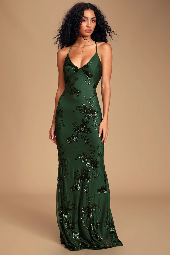Forest Green Sequin Lace-Up Maxi Dress