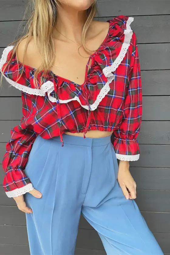 Red Plaid Ruffled Cropped Blouse with Matching Hair Bow
