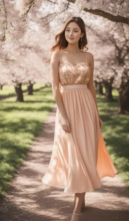 A female model in Apricot Crush color dress with a flowy skirt