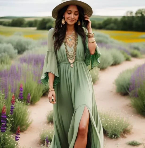 woman stands in a field of wildflowers wearing a flowing sage green maxi dress