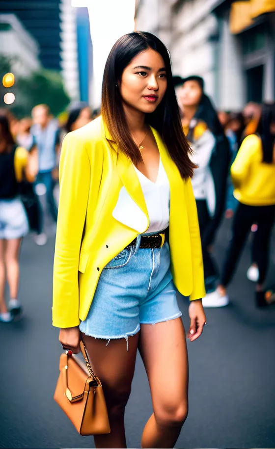 A stylish and confident female model wearing a bright yellow blazer and denim shorts