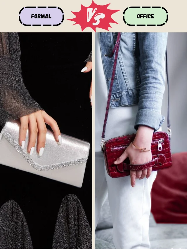 On the left, sparkling jewelry and a clutch for formal events; on the right, modest jewelry and a practical handbag for office use.