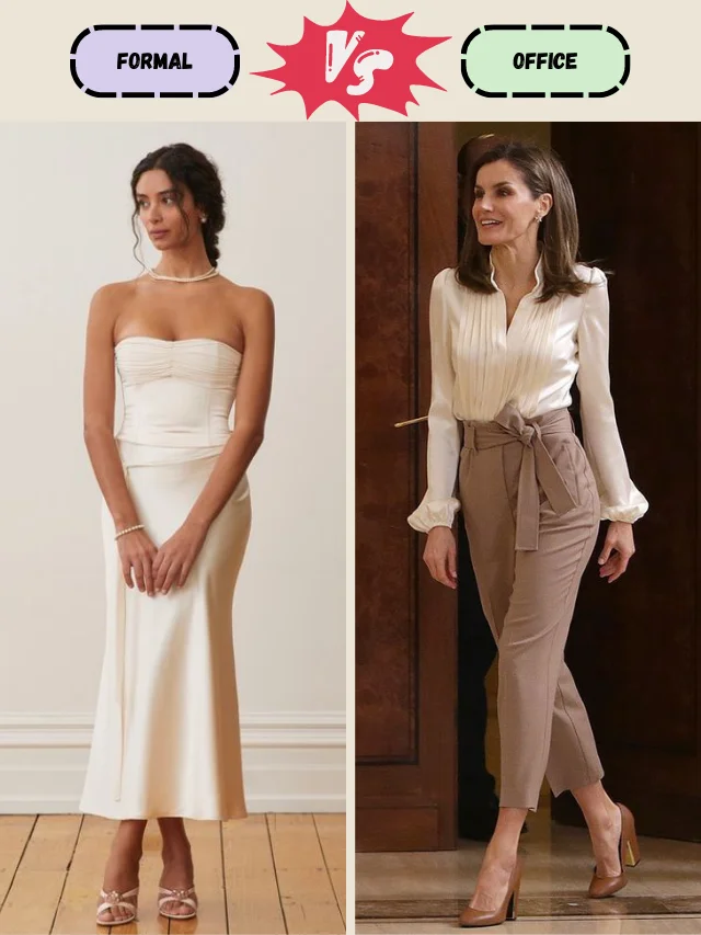Contrasting fabrics: silky, intricate lace for formal wear on the left; durable, matte cotton for office wear on the right.