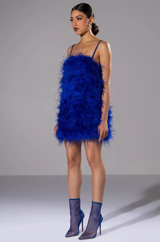 STRAPLESS FEATHER MINI DRESS IN BLUE