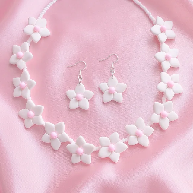 White Flower Necklace & Earrings