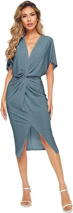 Women's Short Sleeve V Neck Twist Front Split Midi Dress