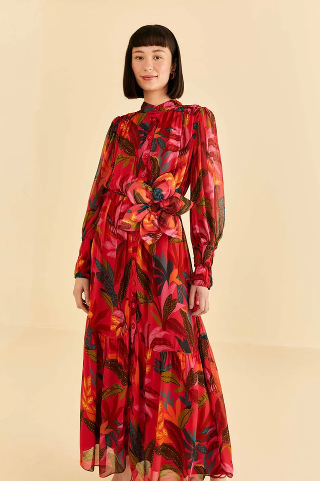 Red Rooster Leaves Long Sleeve Maxi Dress