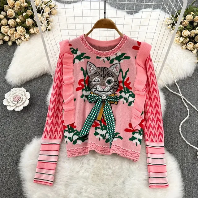 Winking Cat with Bow Ugly Christmas Sweater