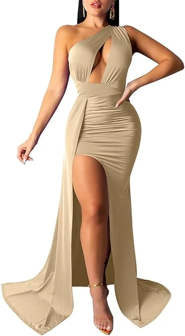 Women Sexy Elegant One Shoulder High Split Cutout Long Evening Dress