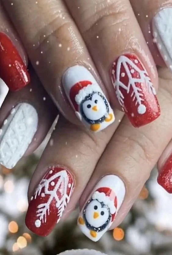 Cute Penguins Winter Christmas Nails