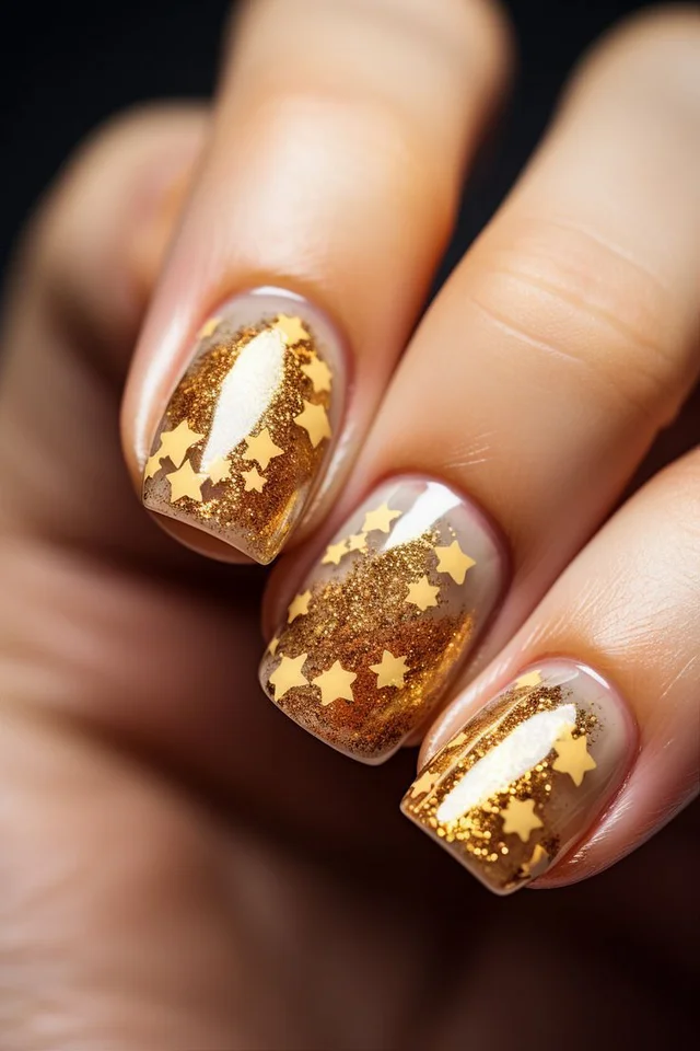 Glistening Golden Stars Glitter Nail Art