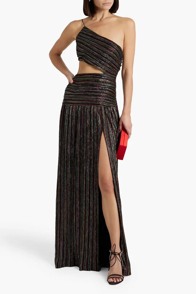 Ronnie one-shoulder cutout metallic jersey gown
