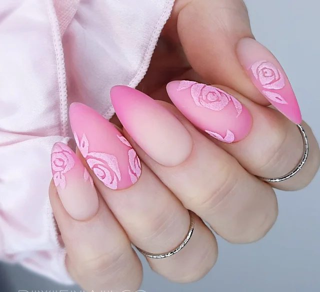 Matte Pink with Roses Nails