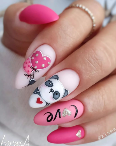 pink panda balloon valentines love nails