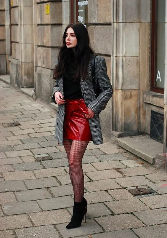 red leather skirt matched up with a black top