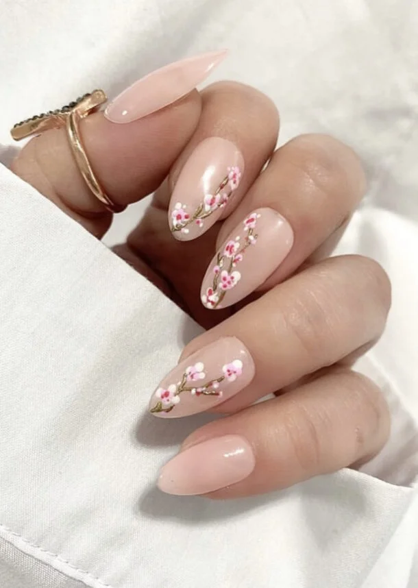 Gold Branch Cherry Blossom Nails