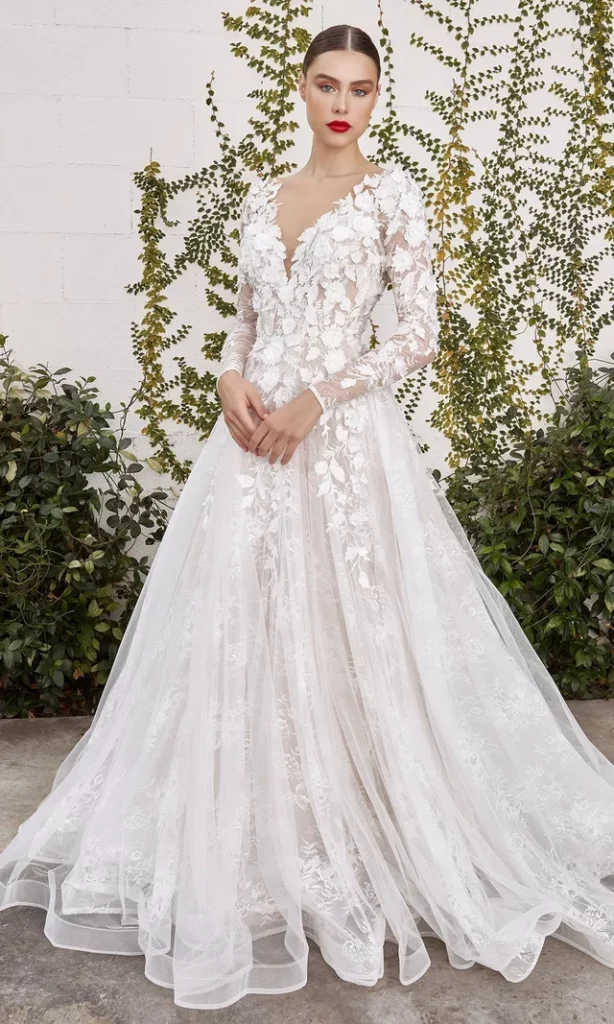 A woman in a vintage Long-Sleeve White Lace Wedding Dress