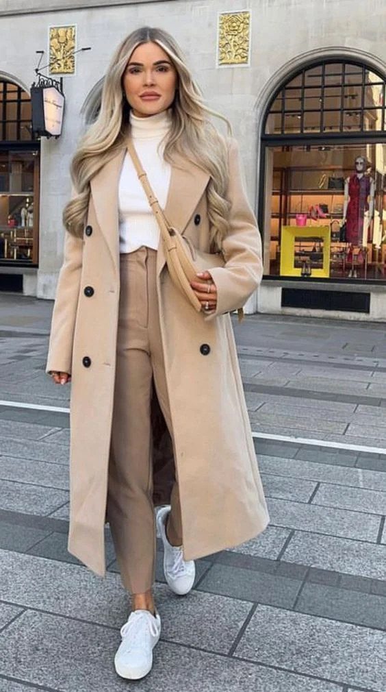 a woman in a Long straight coat outfit street style