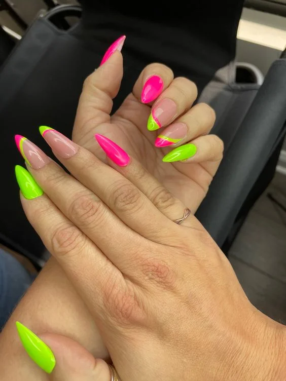 neon green and hot pink nail art