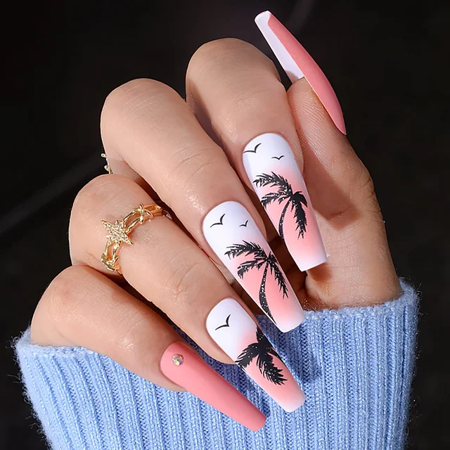 Pink Full Cover False Nails with Palm Tree Designs