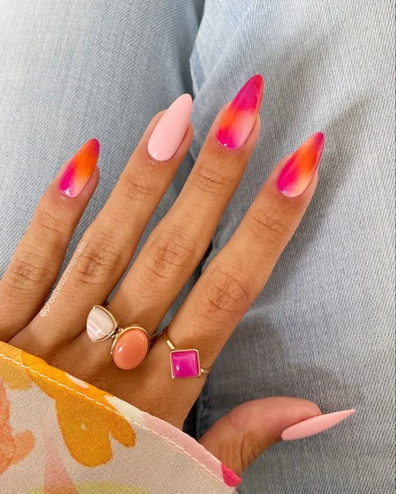 spring manicure with abstract sunset vibes
