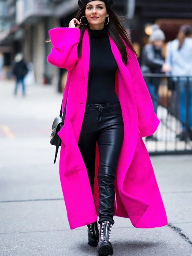Black leather pants With Fuchsia Over Coat