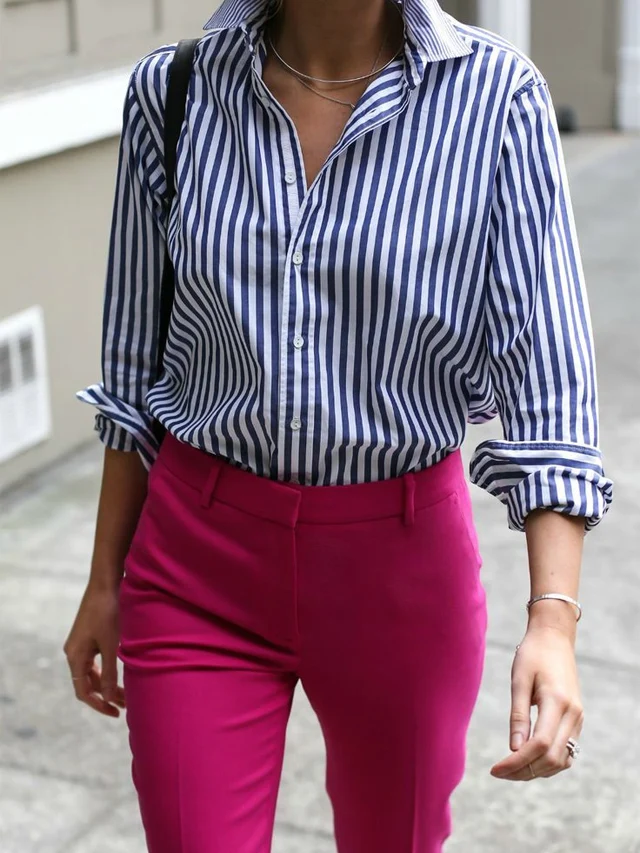 Blue & White Lines Shirt With Hot Pink Pants