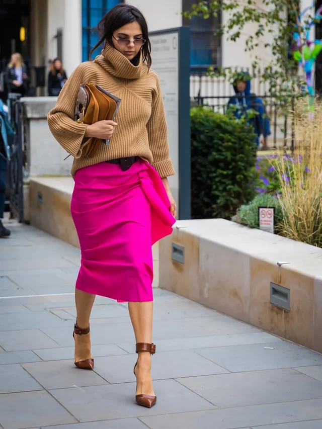 Brown Highneck Sweater With Fuchsia Midi Skirt