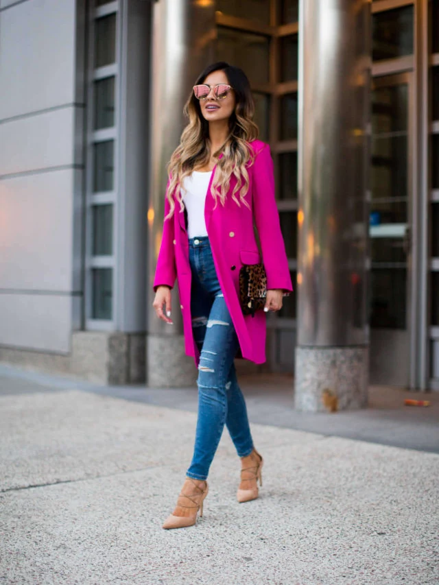 Denim Jeans With Fuchsia Blazer And White Top