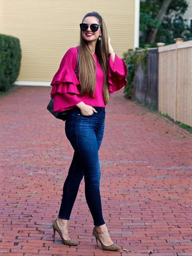 Dark Blue Jeans With Fuchsia Top