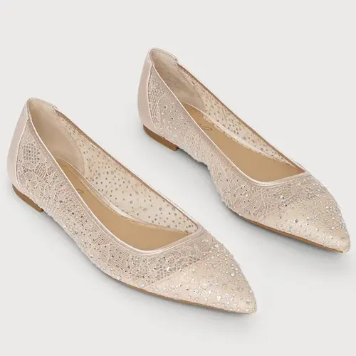 Lace Rhinestone Pointed-Toe Ballet Flats