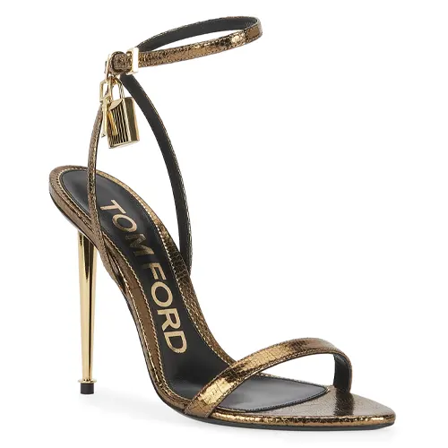 Metallic Lizard-Print Lock High-Heel Sandals